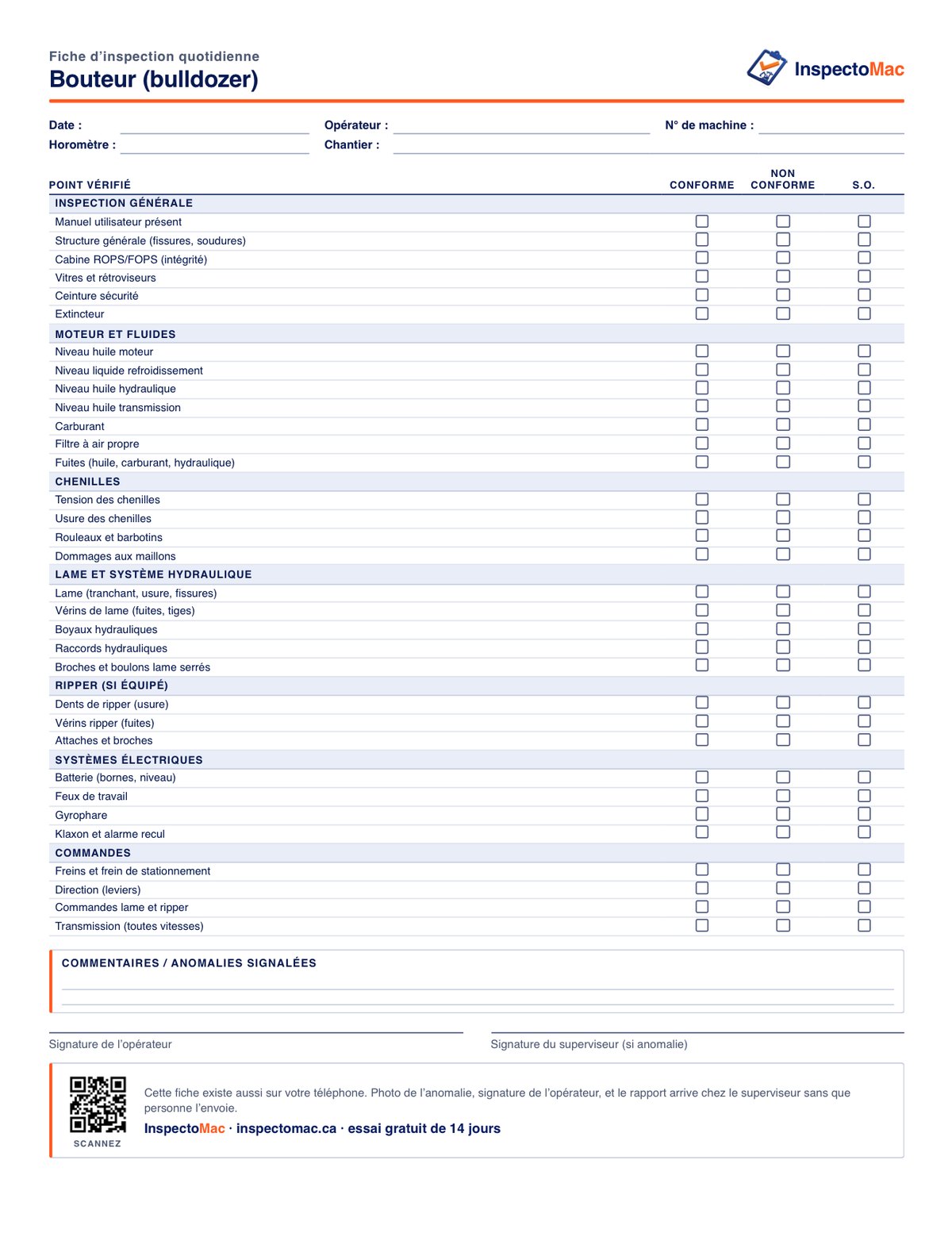 Feuille d’inspection quotidienne du bouteur (bulldozer) à imprimer, PDF gratuit