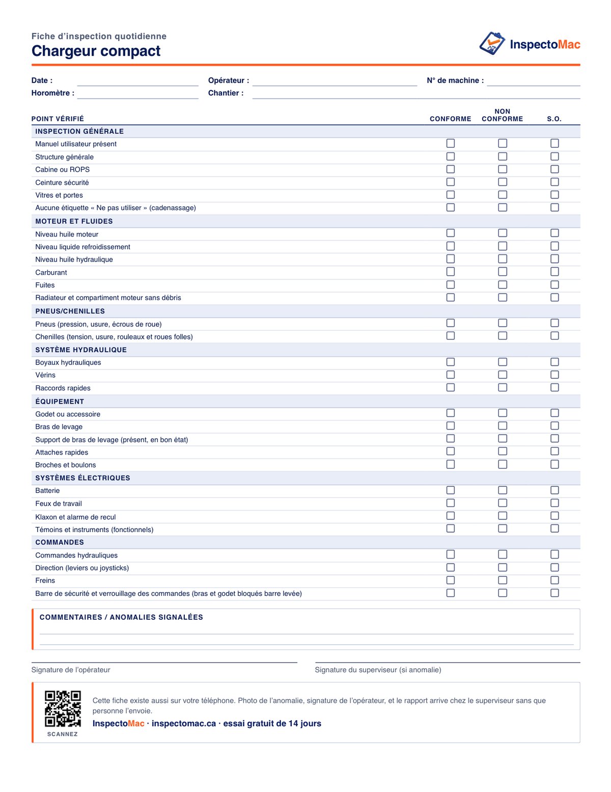 Feuille d’inspection quotidienne du chargeur compact à imprimer, PDF gratuit