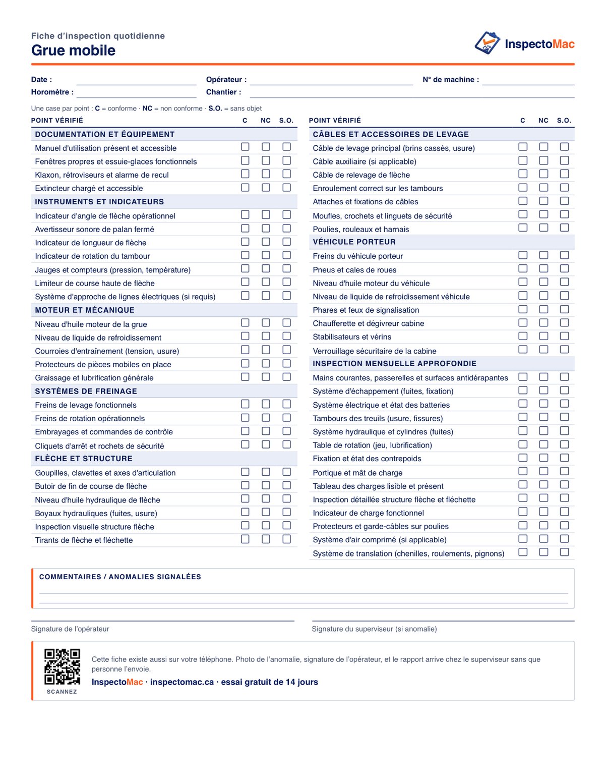 Feuille d’inspection quotidienne de la grue mobile à imprimer, PDF gratuit