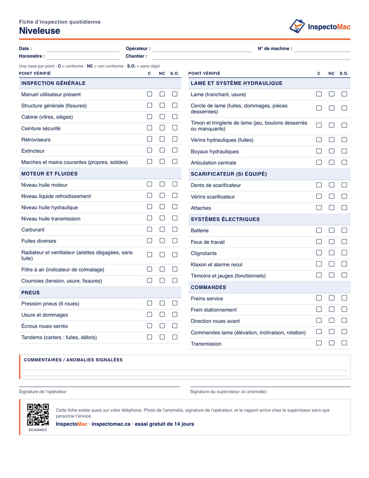 Feuille d’inspection quotidienne de la niveleuse à imprimer, PDF gratuit