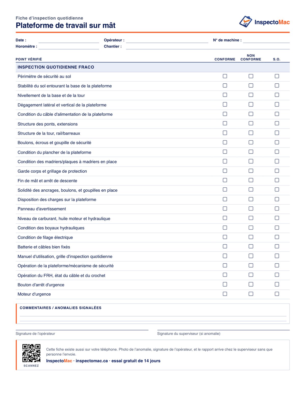 Feuille d’inspection quotidienne de la plateforme de travail sur mât à imprimer, PDF gratuit