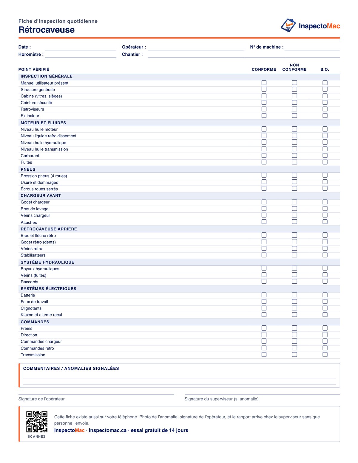 Feuille d’inspection quotidienne de la rétrocaveuse à imprimer, PDF gratuit