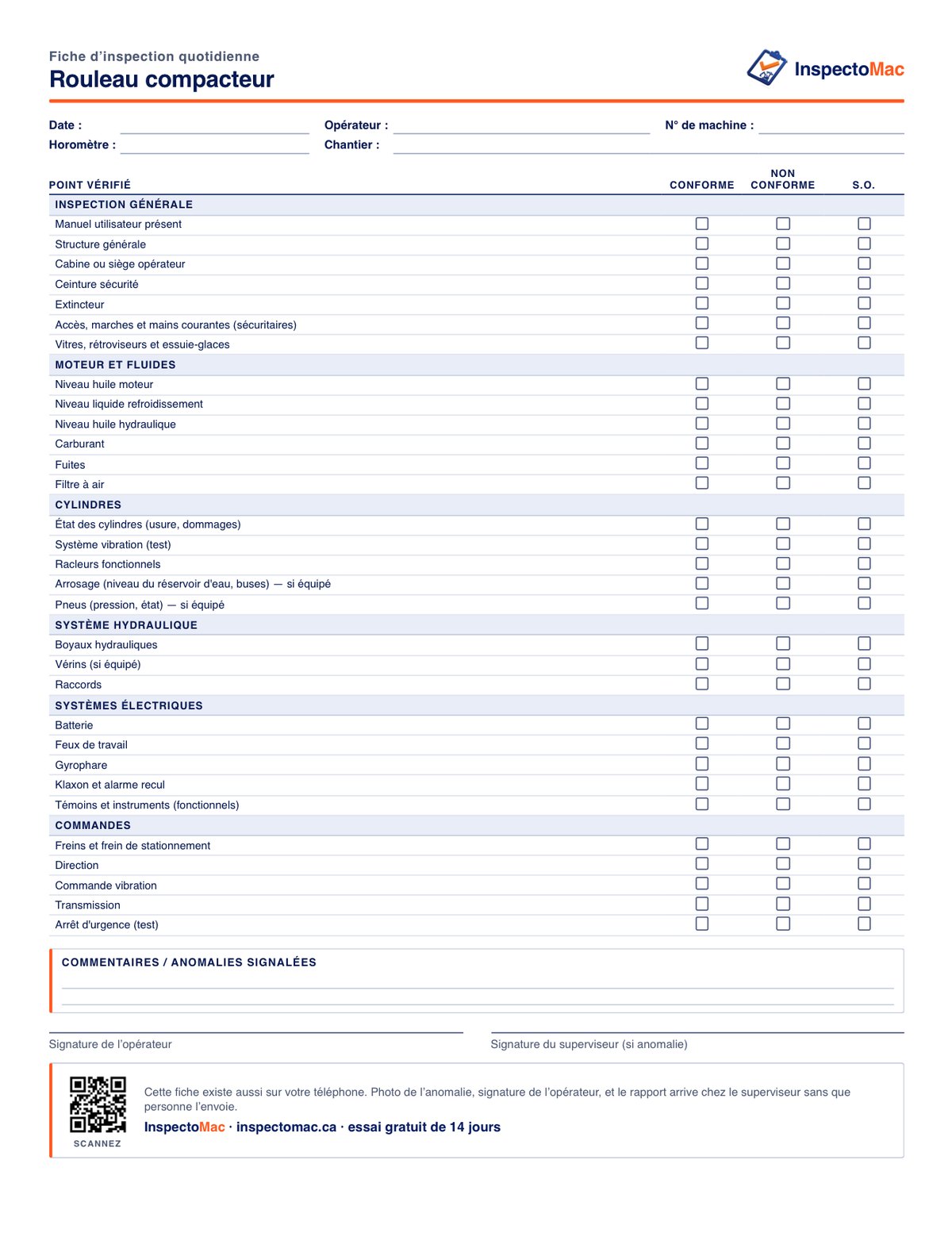 Feuille d’inspection quotidienne du rouleau compacteur à imprimer, PDF gratuit