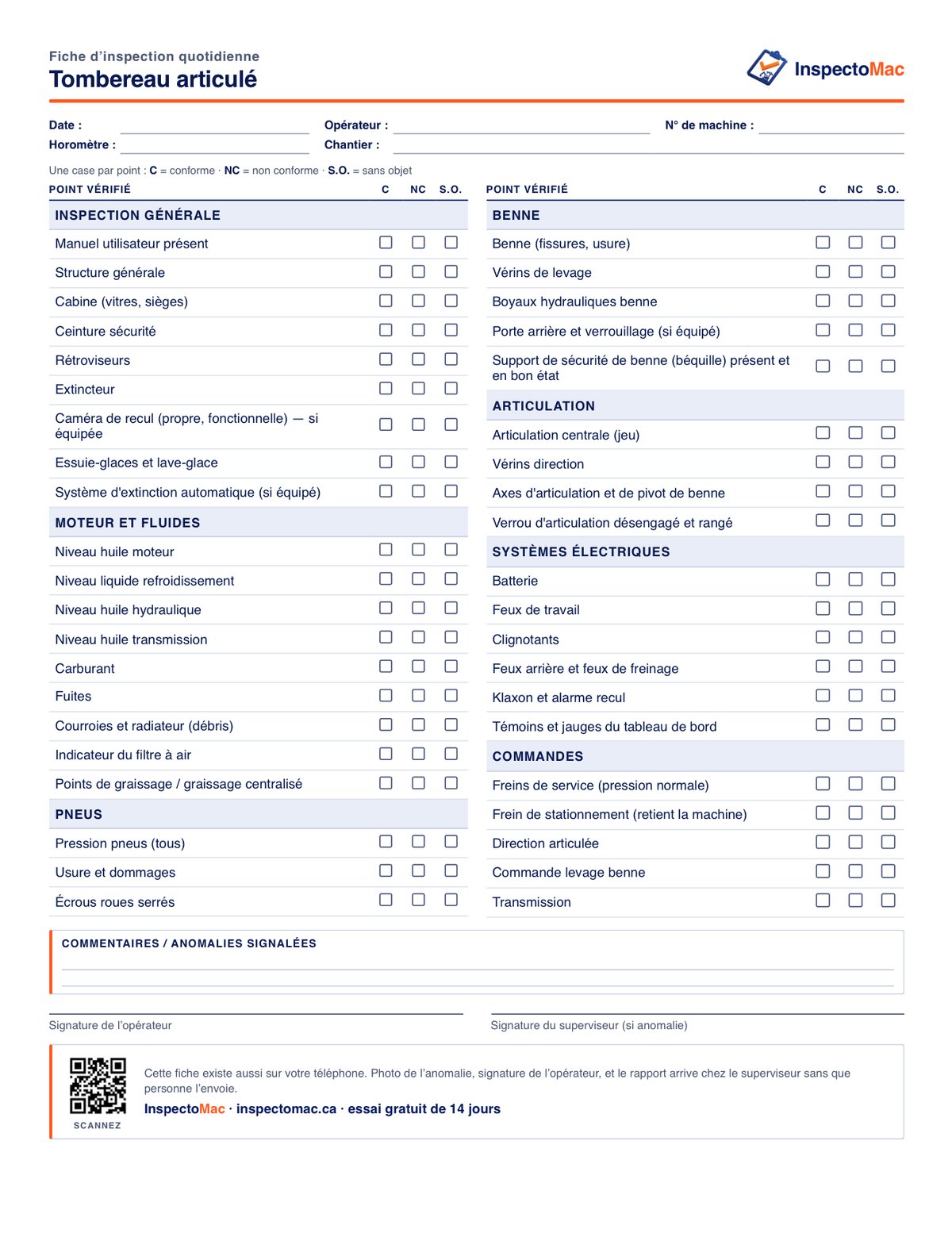 Feuille d’inspection quotidienne du tombereau articulé à imprimer, PDF gratuit