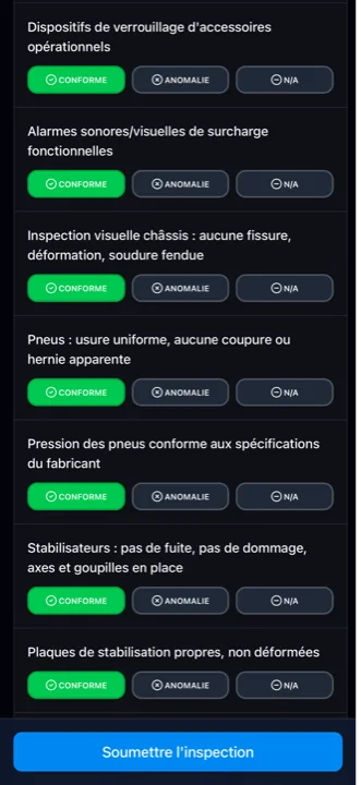 Checklist d’inspection dans l’application mobile InspectoMac