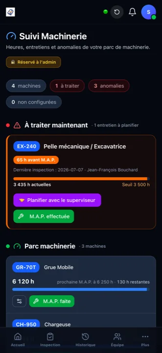 Suivi Machinerie dans InspectoMac