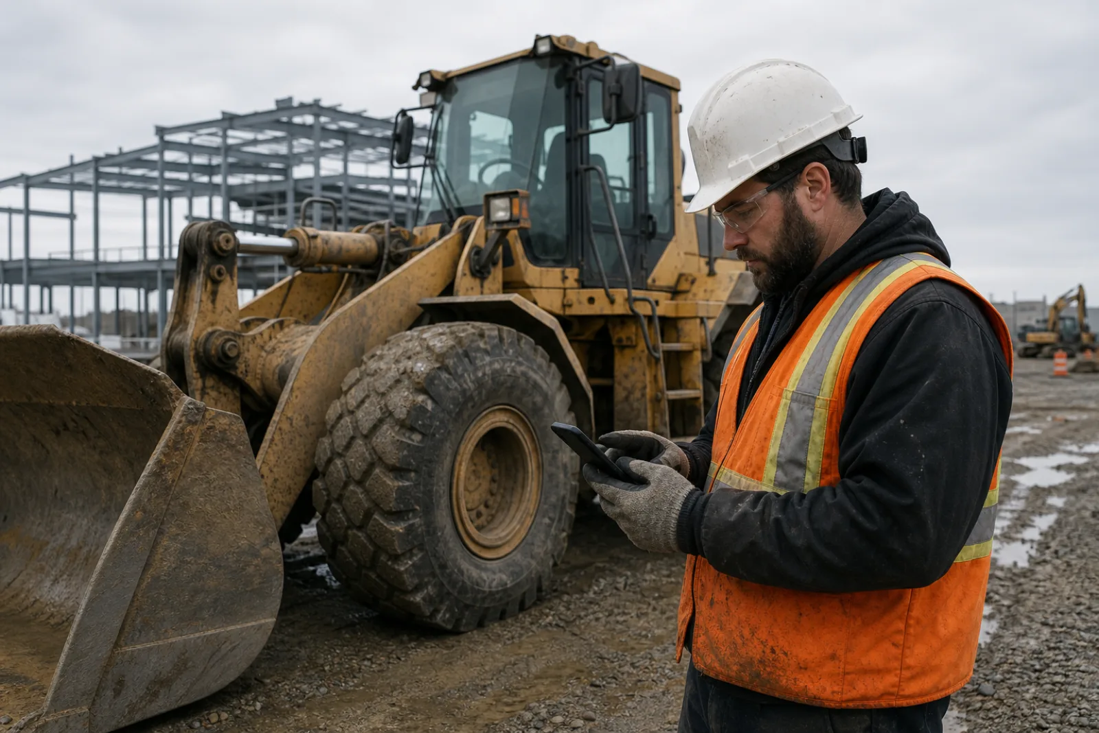 Opérateur inspectant une chargeuse sur un chantier