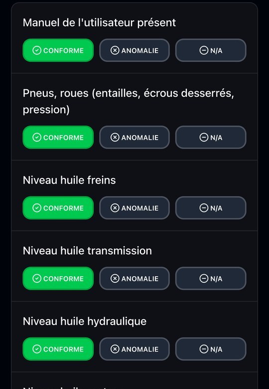 Un vrai écran du logiciel InspectoMac : chaque point d’inspection se coche Conforme, Anomalie ou N/A